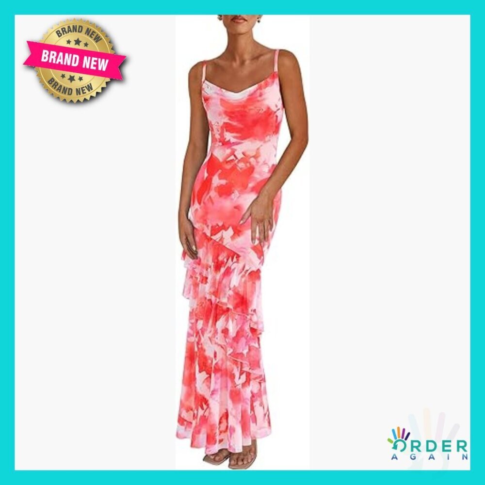 Floral Maxi Dress Tiered Spaghetti Strap Bodycon Beach Wedding Guest Elegant - Picture 1 of 7